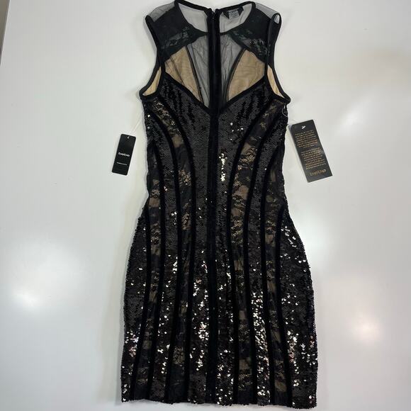 NWT Bebe XXS Bodycon Mini Dress Black Velvet Mesh Nude Sequin Lace Sleeveless - Picture 6 of 15